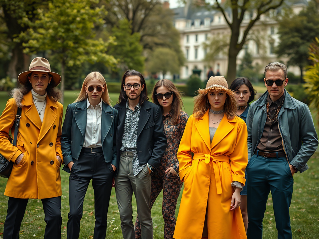 Een groep fashionable mensen poseert buiten in een park, gekleed in kleurrijke en stijlvolle outfits.