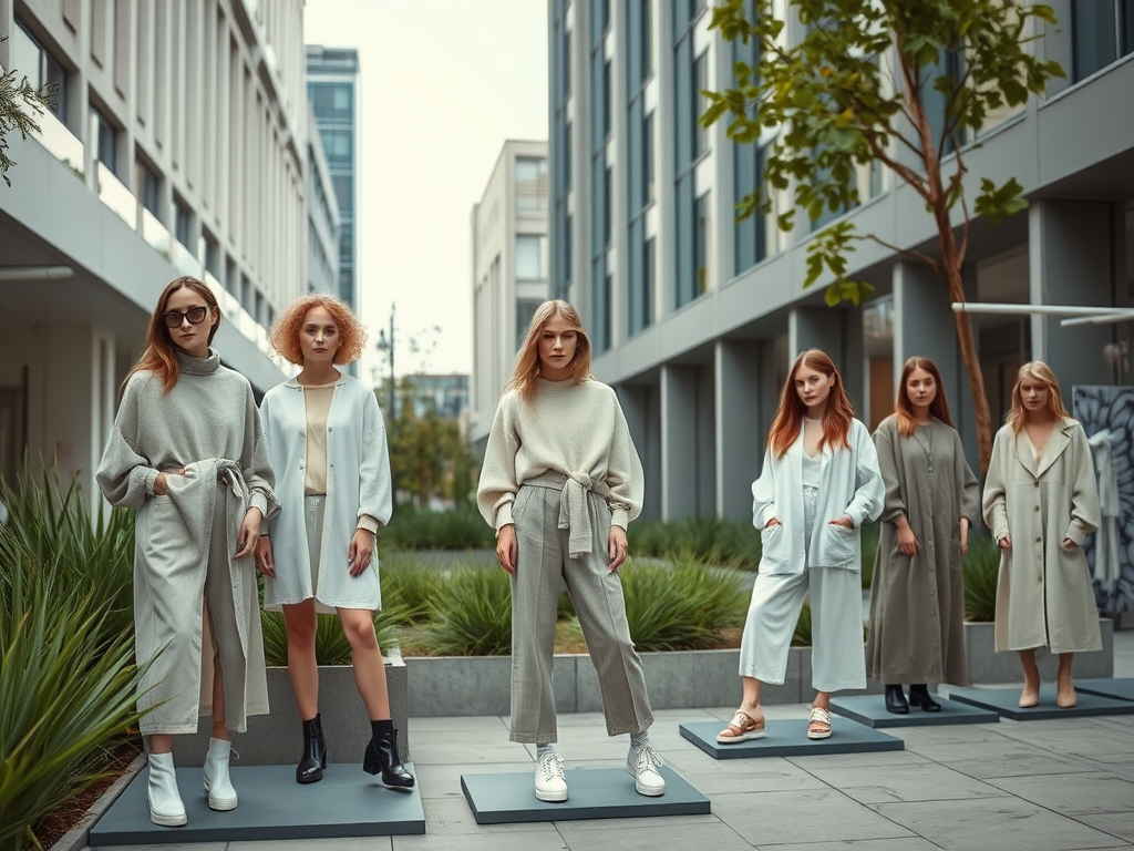 Vijf vrouwelijke modellen in stijlvolle outfits, presenteren kleding in een moderne buitenruimte tussen gebouwen.