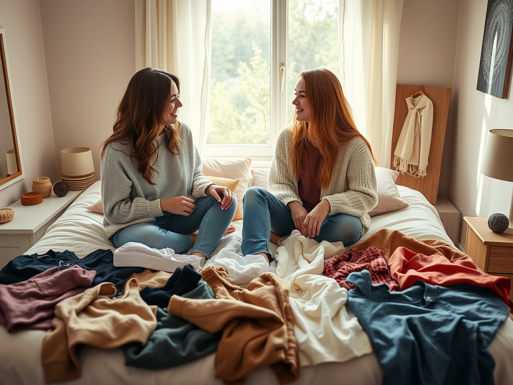 Twee vrouwen zitten op een bed, omringd door een stapel kleding, en lachen naar elkaar in een lichte kamer.