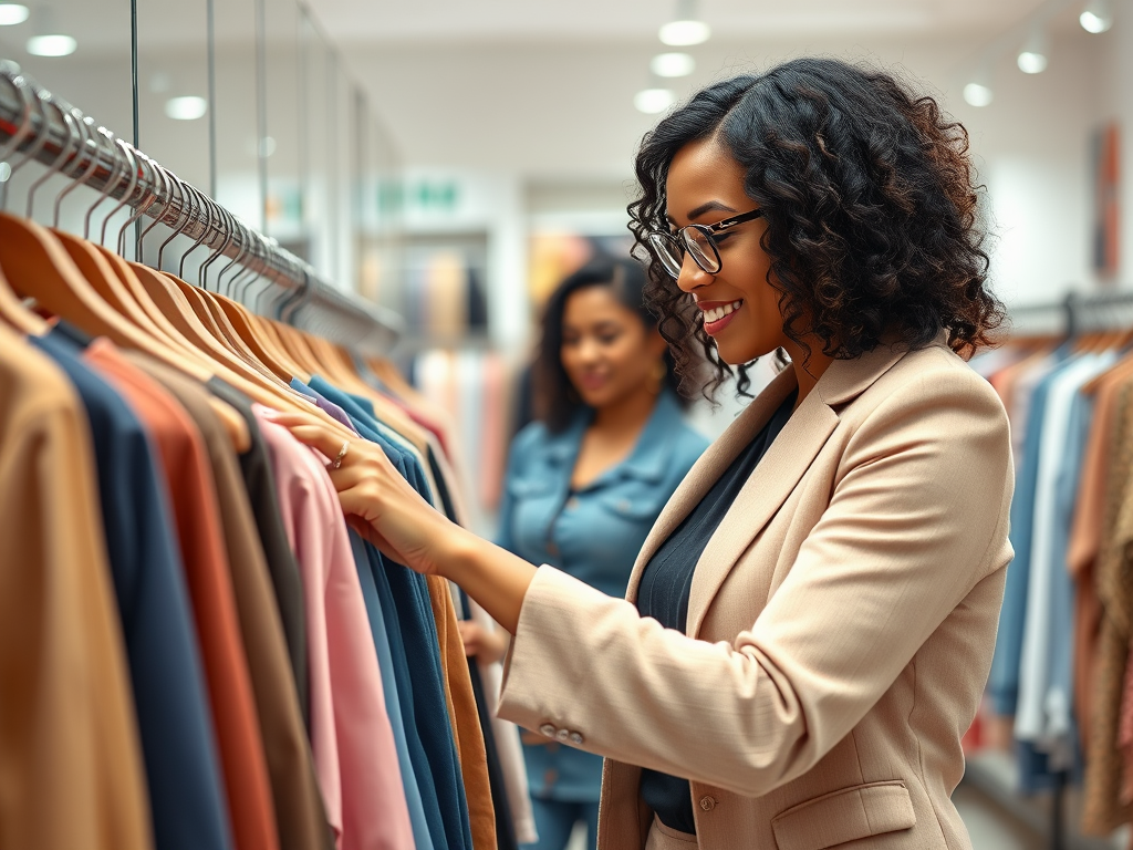 Een vrouw met een krullend kapsel in een winkel, kijkt naar kleding aan een rek, terwijl een andere vrouw op de achtergrond staat.