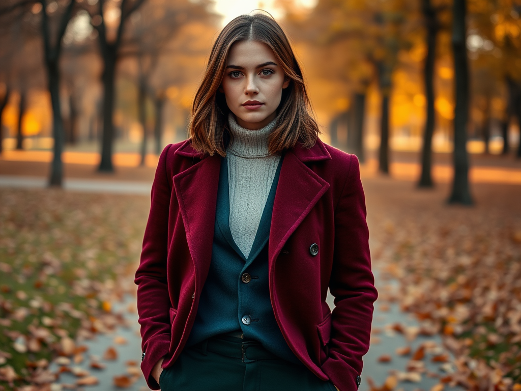 Een vrouw in een bordeauxrode jas staat in een herfstlandschap met vallende bladeren en bomen op de achtergrond.