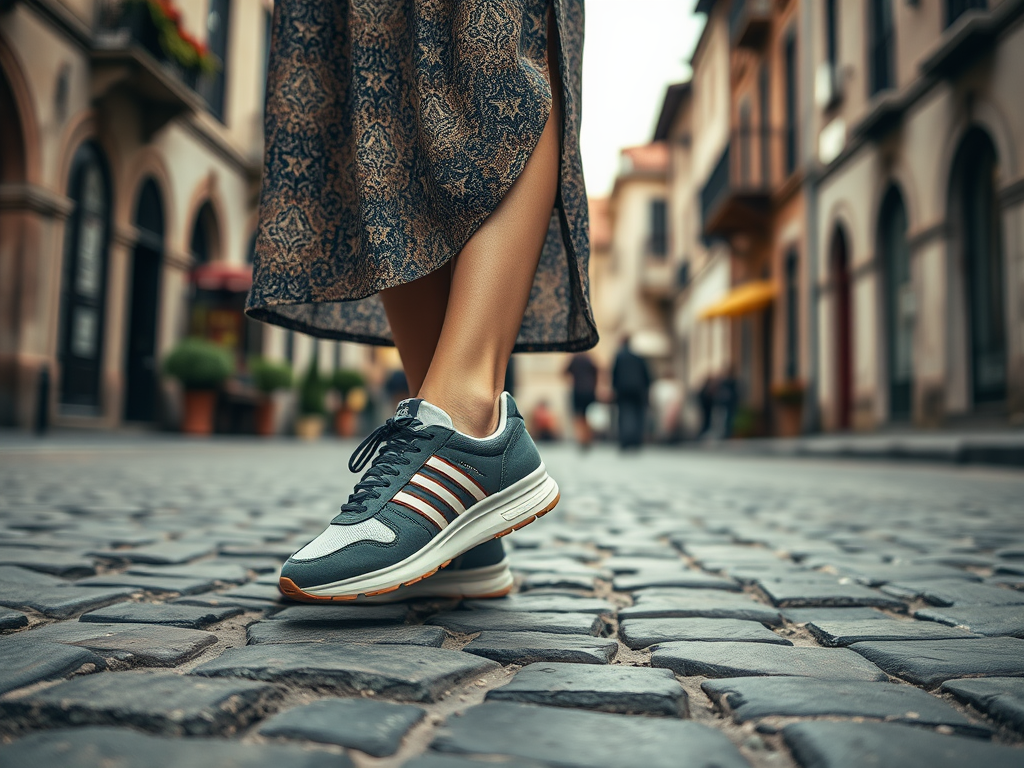 Een vrouw draagt sportieve schoenen en staat op een kinderkopjesstraat in een pittoreske stad.