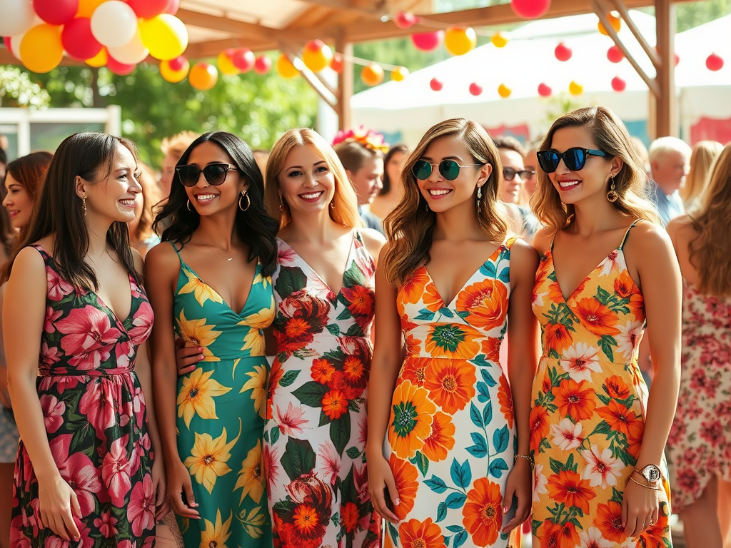 Vijf vrouwen in kleurrijke, bloemenjurken glimlachen op een feest, omringd door een levendige menigte.