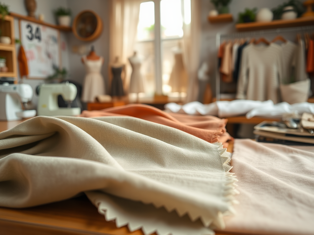 Een naaiatelier met stoffen in zachte kleuren, een naaimachine en kledingstukken op de achtergrond.
