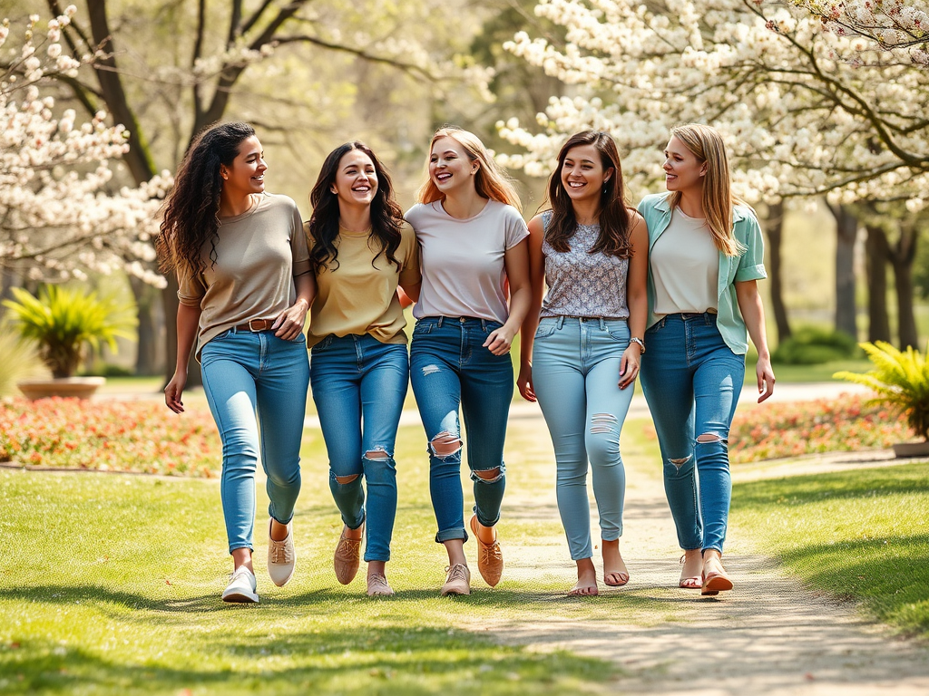 Vijf jonge vrouwen wandelen samen vrolijk door een park met bloeiende bomen en kleurrijke bloemen.