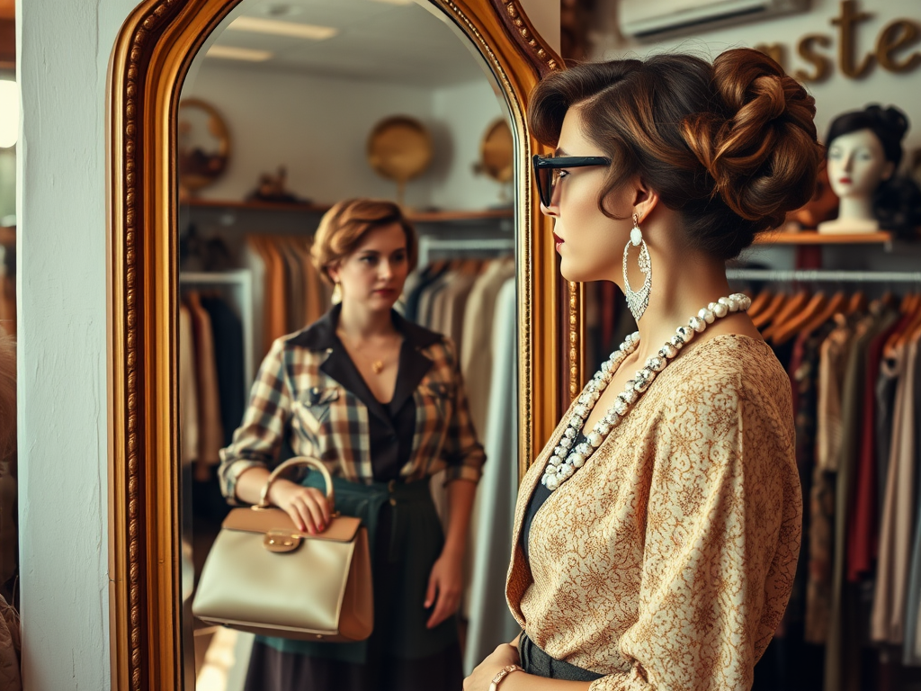 Twee vrouwen in een vintage winkel, één kijkt in de spiegel en de ander bewondert haar outfit.