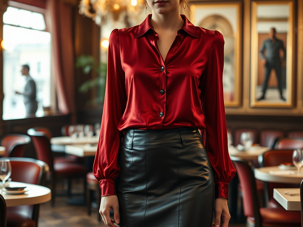 Een vrouw in een rode blouse en leren rok staat in een chique restaurant met tafels op de achtergrond.