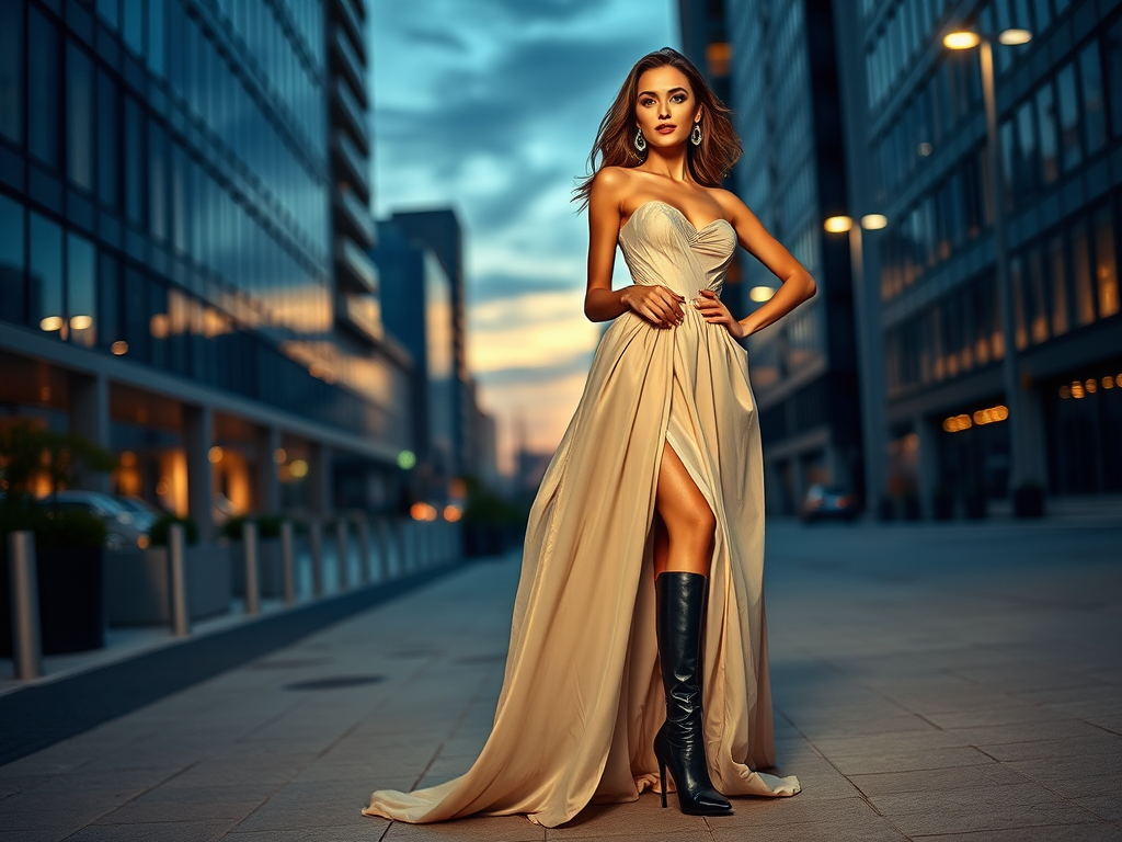 Een vrouw in een elegante jurk en leren laarzen poseert in een moderne stedelijke omgeving bij schemering.